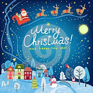 Christmas background. Landscape with town houses and Santa Claus