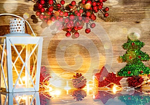 Christmas background with lantern lamp and decorations. Happy New Year and Merry Christmas greeting card