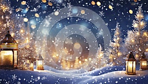 Christmas background with lanterns in snow