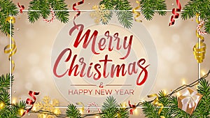 Christmas background with lettering Merry Christmas, realistic pine branches, shining garlands, gifts box, candy, serpentine