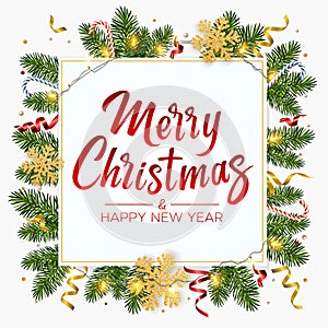 Christmas background with lettering Merry Christmas, realistic pine branches, shining garlands, gifts box, candy, serpentine,