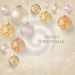 Christmas background with light Christmas baubles. Elegant Christmas background with gold and white evening balls