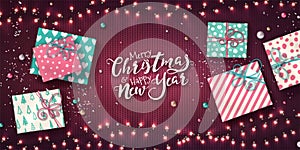 Christmas background with lights, gifts, baubles