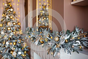 Christmas background. Luxury interior room with fireplace decorated in xmas style. No people. New year tree and gifts