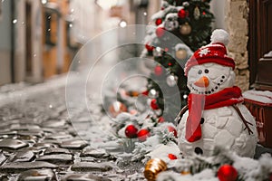 Merry Christmas and Happy New Year concept with Snowman standing on the cobblestone street of winter town photo