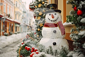 Christmas background. Merry Christmas and Happy New Year concept with Snowman standing on the street of winter town