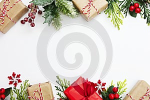 Christmas background, mock up with gift boxes and winter decoration., on white background. Winter holidays. Top view with copy