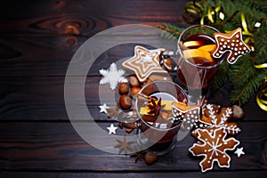 Christmas background with mulled wine and gingerbread cookies de