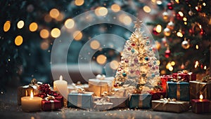 Christmas background: near the Christmas tree there are beautifully wrapped gifts and burning decorative candles.