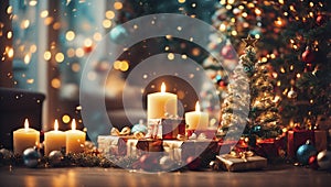 Christmas background: near the Christmas tree there are beautifully wrapped gifts and burning decorative candles.