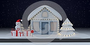 Christmas background. New Year card. Winter night, decorated house, snowman, tree with garland, gifts