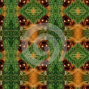 Christmas background. New Year`s seamless pattern of fir branches and decorations. Greeting card. Happy New Year. Xmas design for