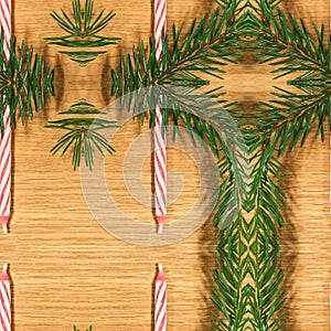 Christmas background. New Year`s seamless pattern of fir branches and decorations. Greeting card. Happy New Year. Xmas design for