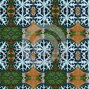 Christmas background. New Year`s seamless pattern of fir branches and decorations. Greeting card. Happy New Year. Xmas design for