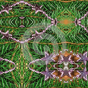 Christmas background. New Year`s seamless pattern of fir branches and decorations. Greeting card. Happy New Year. Xmas design for