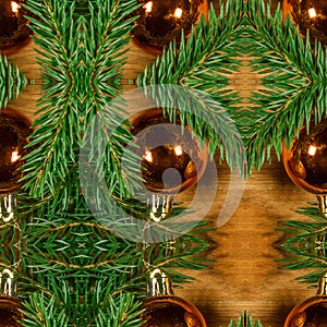 Christmas background. New Year`s seamless pattern of fir branches and decorations. Greeting card. Happy New Year. Xmas design for