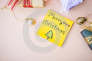 Christmas background and paper note merry christmas decor on ba