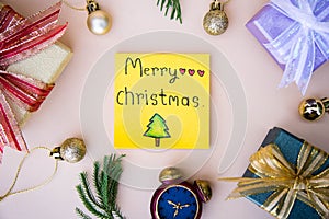 Christmas background and paper note merry christmas decor on background