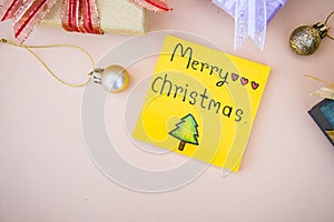 Christmas background and paper note merry christmas decor on background