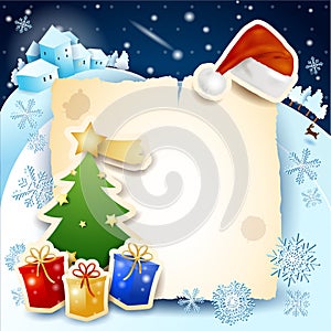 Christmas background with parchment, tree and hat