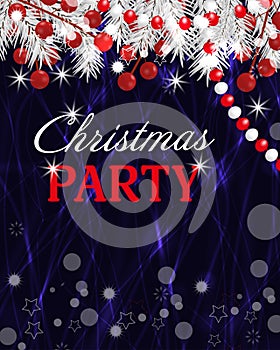 Christmas background party invitation template with fir white branches, beads and holly berry. Vector