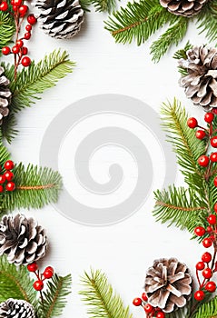 Christmas background with pine cones, branches of holly with red berries and fir tree on white. Winter festive nature concept.