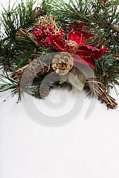 Christmas background with pine tree branch, pine cones, red flower and snow