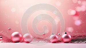 Christmas background with pink balls, fir branches and bokeh