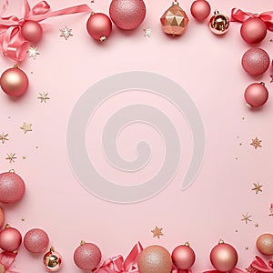 Christmas background with pink baubles, ribbons and confetti