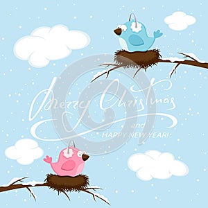 Christmas background with pink and blue birds