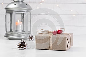 Christmas background with place for text. Copy space. Christmas gift box, image for greeting cards and invitations. Winter