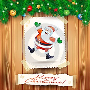 Christmas background with postcard and happy Santa