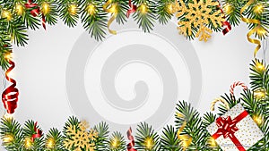 Christmas background with realistic pine branches, shining garlands, gifts box, candy, glitter gold snowflake, tinsel