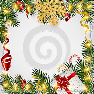 Christmas background with realistic pine branches, shining garlands, gifts box, candy, glitter gold snowflake, tinsel