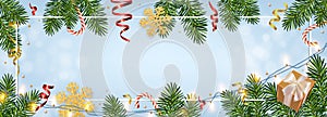 Christmas background with realistic pine branches, shining garlands, gifts box, candy, glitter gold snowflakes, tinsel