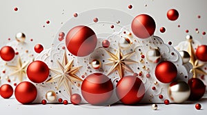 Christmas background with red balls and stars . Generative AI photo