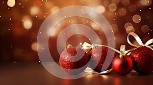 Christmas background with red baubles on bokeh lights background