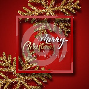 Christmas background red, with beautiful bright snowflakes realistic shine glitter.