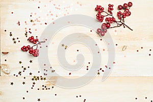 Christmas background. Red decorative ornaments of ribbons or bows or stars