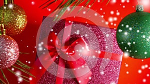 Christmas background red with a gift box copy space, animation of snowflakes with New Year`s decorations