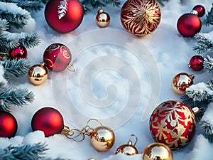 Christmas background with red and gold baubles