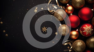 Christmas background with red and golden baubles on black background.