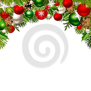 Christmas background with red, green and silver balls, fir branches, cones and holly. Vector illustration.