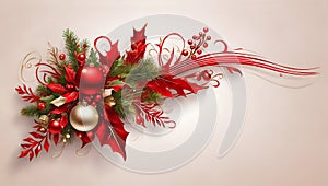 Christmas background with red poinsettia, baubles and ribbons
