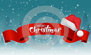 Christmas background with red ribbon and santa hat