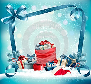 Christmas background with a red sack full presents and santa hat