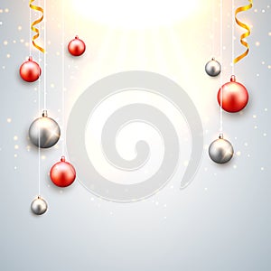 Christmas background with red and silver christmas balls. Xmas celebration decorative festive design card
