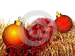 Christmas background with red and yellow ornament on a white background.