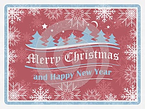 Christmas background in retro style with snowflakes, forest and ornate elements. Happy New Year card.