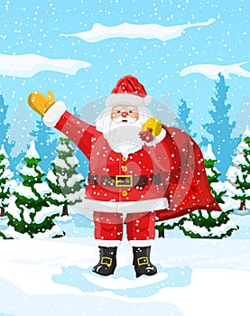 Christmas background. Santa claus with bag gifts